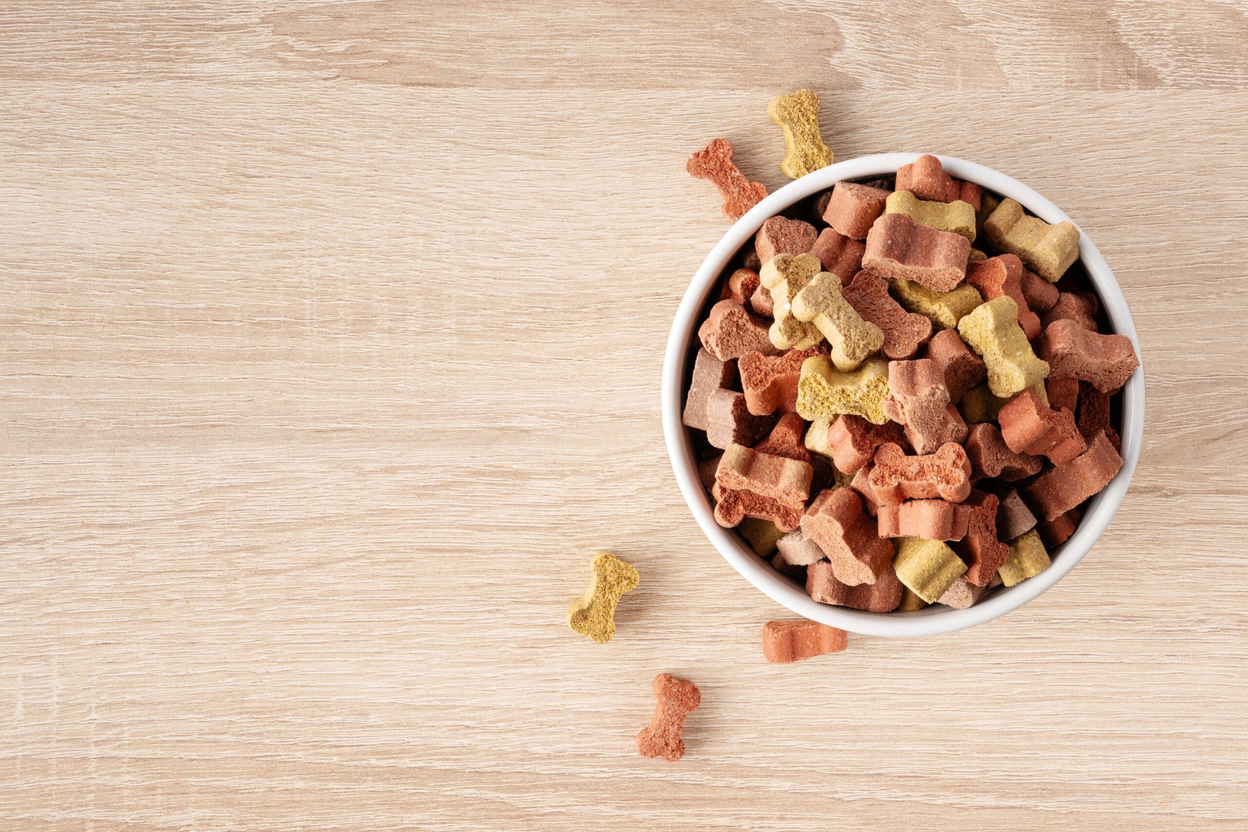 Dry dog food in a shape of bones in bowl on wooden floor background top view with copy space.