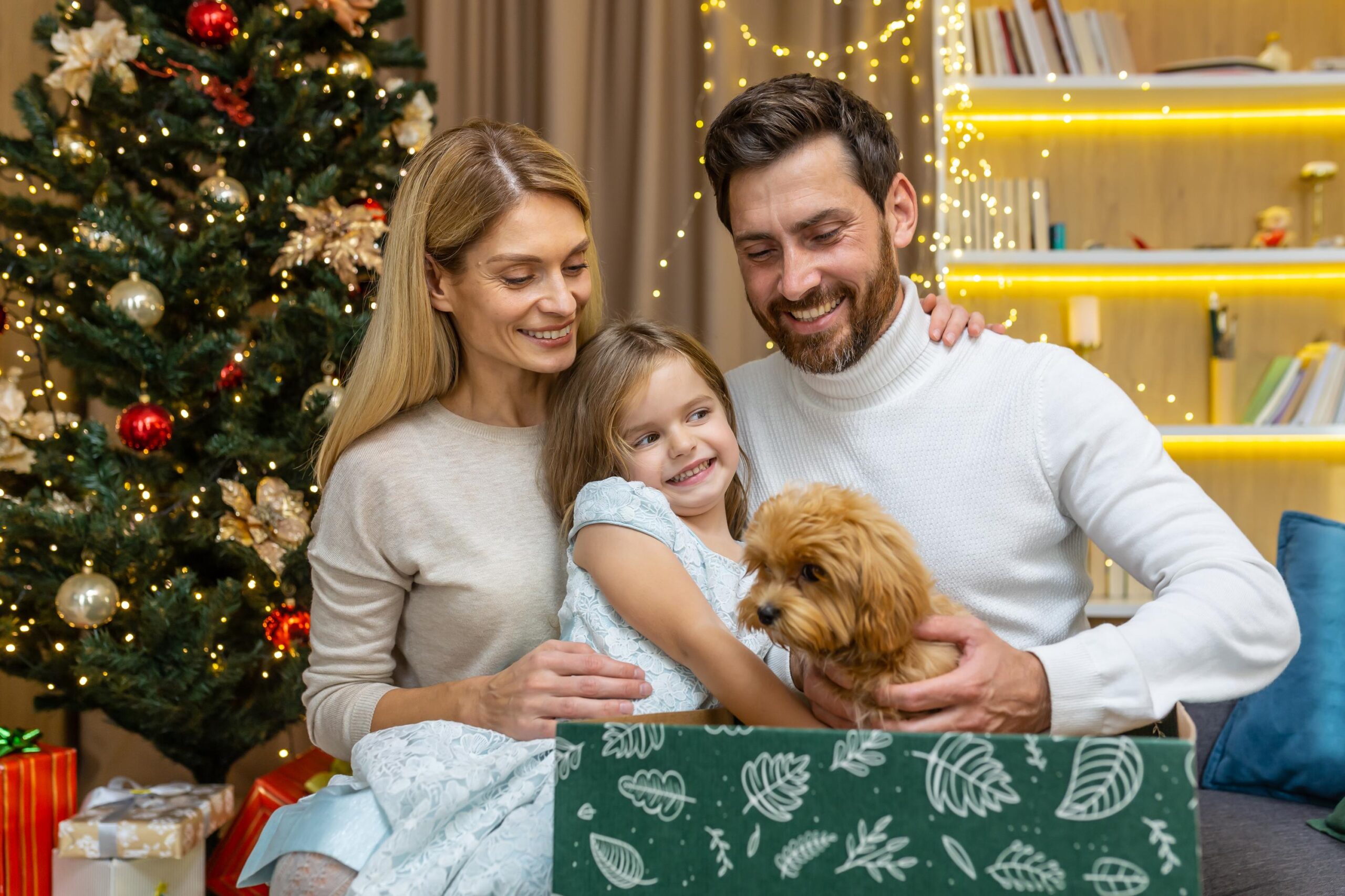 Happy parents make a surprise gift of a small dog puppy from Santa to a child for Christmas or New Year. Happiness. Father and mother surprising their kid little girl receives a present at home